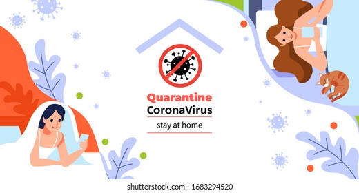 Stay at home. Coronavirus or Covid-19 quarantine. Young womans chatting with her phone on the sofa: I stay at home social media campaign for coronavirus prevention. Cartoon, flat vector illustration.