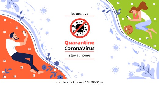 Stay at home. Coronavirus or Covid-19 quarantine. Poster. Online communication via the Internet. I stay at home social media campaign for coronavirus prevention. Cartoon, flat vector illustration.