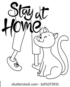Stay home. Coronavirus defensive campaign or measure, COVID-19. Hand lettering, home slippers, cat. Protection logo COVID 19. Doodle, monochrome vector illustration. Poster, banner, web.