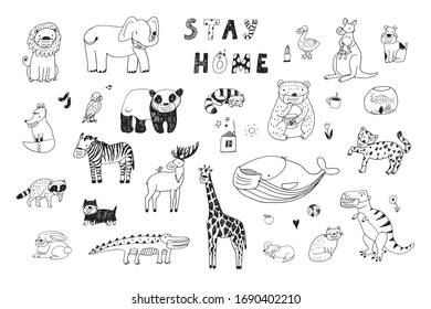 Stay home coronavirus healhcare hand drawn doodle animals line illustrations set