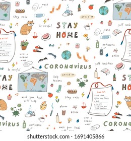 Stay home coronavirus healhcare hand drawn illustrations set