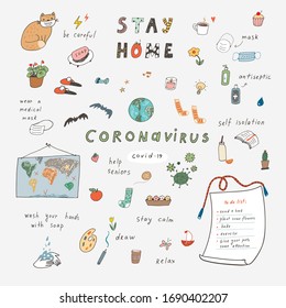 Stay home coronavirus healhcare vector hand drawn illustrations set