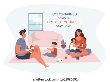 Fique em casa Coronavírus ao ar livre.Proteja-se. Família mantendo distância para diminuir o risco de infecção para prevenir o vírus Covid-19.Fique em casa em quarentena durante a epidemia de coronavírus. Ilustração vetorial