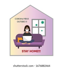 Stay home. Coronavirus outside. Scared girl with face mask working on laptop at home. House shape background. Quarantine. vector flat illustration.