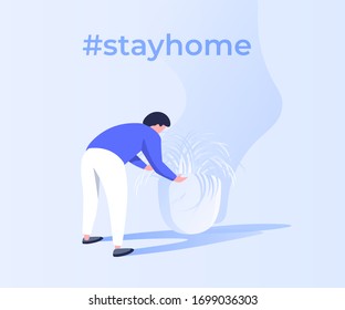 Stay home coronavirus prevention poster in light blue color palette, modern styled illustration with man watering flowers