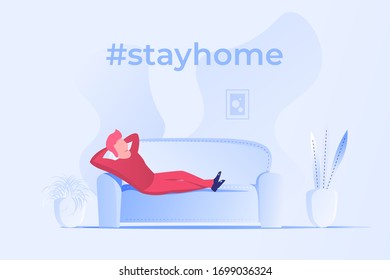 Stay home coronavirus prevention poster in light blue color palette, modern styled illustration with man laying on sofa