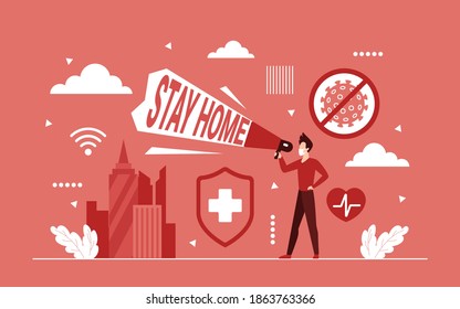 Stay home, coronavirus protection concept vector illustration. Cartoon man with megaphone wearing medical protective mask warning stay home text, corona virus pandemic preventive measures background
