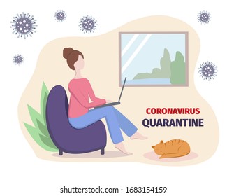 Stay home. Coronavirus quarantine. COVID-19 concept. Work from home during pandemic. Self-isolation. Vector illustation for poster, banner, flyer. Stock design.