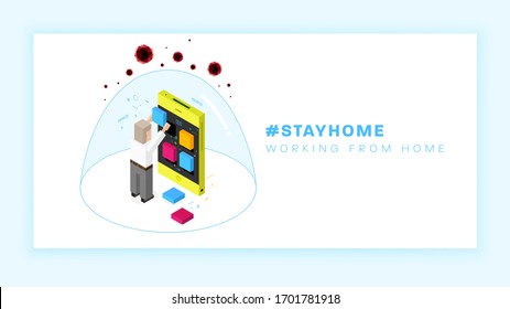 Stay home coronavirus quarantine and self-isolation isometric template. Work home office with online services. Safe from global virus epidemic. Vector illustration