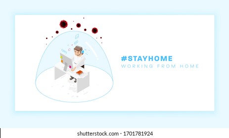 Stay home coronavirus quarantine and self-isolation isometric template. Work home office with online services. Safe from global virus epidemic. Vector illustration