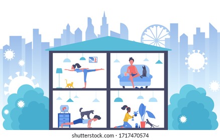 Stay home in coronavirus quarantine for virus protection vector illustration. Cartoon flat people do hobby, homework or sport exercises, watching tv. Positive social self isolation concept background