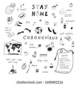 Stay home coronavirus vector line healhcare hand drawn illustrations set