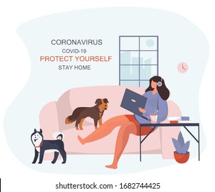 I Stay Home Coronavirus.Protect Yourself.Girl keeping Distance for Decrease Infection Risk For Prevent Virus Covid-19.
Stay Home on Quarantine During the Coronavirus Epidemic.Vector Illustration