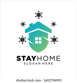 Stay at home. COVID 19 or coronavirus protection campaign logo. Self isolation sign or symbol. Virus prevention concept. Vector illustration.