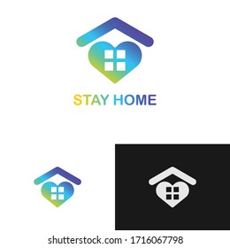 Stay at home for COVID 19 or coronavirus protection campaign logo. Self isolation appeal as sign or symbol. Virus prevention concept. Vector illustration.