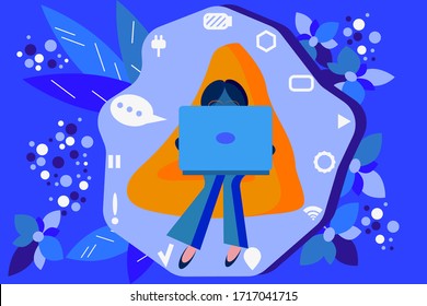 Stay at home, create comfortable conditions for online work, study, hobbies, communications. Your apartment is your office, work at home is freedom in comfortable area at any time. Vector illustration