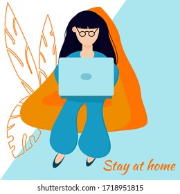 Stay at home, create comfortable conditions for online work, study, hobbies, communications. Your apartment is your office, work at home is freedom in comfortable area at any time. Vector illustration