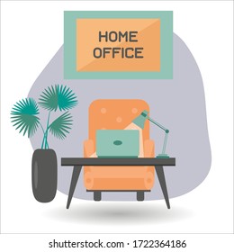 Stay at home, create comfortable environment for working on network. Your apartment is your home office, work at home is freedom in cozy atmosphere at any time. Vector illustration in a flat style.