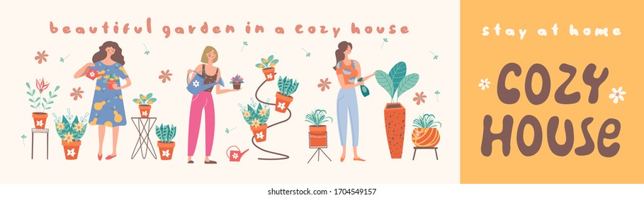 Stay at home. Create a home garden. Vector illustration.