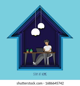 Stay at home cut out illustrations work from home 3d effect
