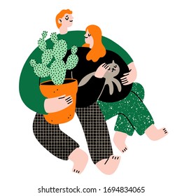 Stay home, cute couple with cat, vector illustration