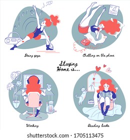 Stay home cute scenes - set of vector illustrations. Girl reading, working, learning online courses, talking on the phone and doing sports at home. Cartoon, doodle, line art Vector Illustration.