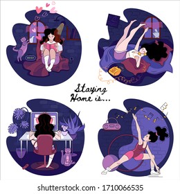 Stay home cute scenes - set of vector illustrations. Girl reading, working, speaking by phone and doing yoga at home. Cartoon style.