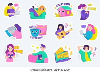 Stay at home cute stickers set in flat cartoon design. Bundle of work and rest at home, listen to music, play guitar, chat, read books and other. Vector illustration for planner or organizer template