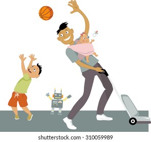 Stay at home dad with a baby in a sling, vacuuming and playing ball with his son, vector cartoon, no transparencies, EPS 8