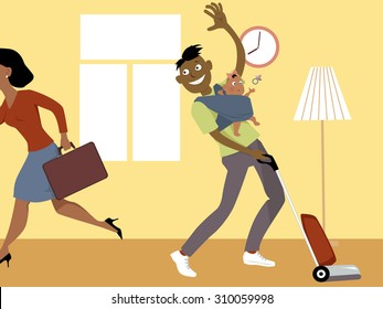 Stay At Home Dad With A Baby In A Sling, Vacuuming And Waving Goodbye To His Wife, Who Is Going To Work, Vector Cartoon, No Transparencies, EPS 8