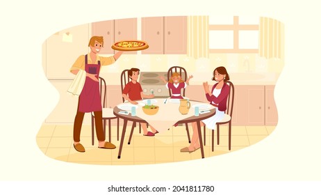 Stay At Home Dad. Father Making Pizza For Family. Happy Homemade  Dinner. Flat Design Background With People At Kitchen. Bright Colorful Poster With Cartoon 
 Characters.