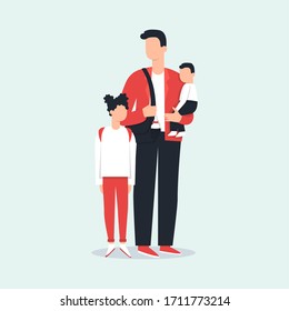 Stay at home dad holding a baby. Vector illustration, cartoon flat style. Happy parenting. Stay at home father with a child.. Modern family. Male nanny, manny. House dad, SAHD, househusband