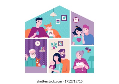 Stay at home design concept. House facade with different types of people looking out and communicating with their neighbors. Self isolation, quarantine during coronavirus outbreak. Vector flat style