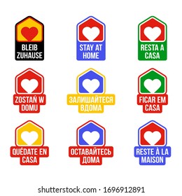 Stay Home Design vector sticker badge in different languages and country flag color. Covid-19 Coronavirus outbreak. Stay at home to Protect others. Sticker for website or Project