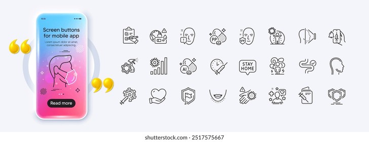 Stay home, Difficult stress and Medical mask line icons for web app. Phone mockup gradient screen. Pack of Coronavirus statistics, Shield, Covid test pictogram icons. Vector