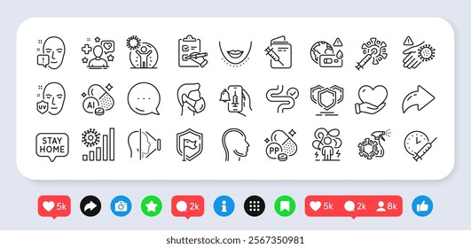 Stay home, Difficult stress and Medical mask line icons pack. Social media: share, comment, like icons. Coronavirus statistics, Shield, Covid test web icon. Vector