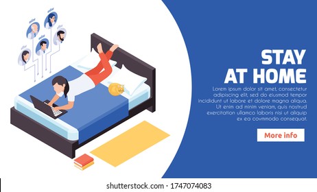 Stay home distant work isometric web banner with woman in bed managing remotely corporate network vector illustration 