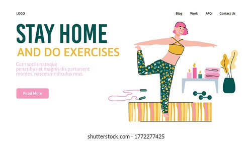 Stay home and do exercises header and woman character training at home in web banner template, vector illustration on white background. Quarantine and stay healthy.