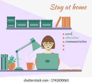 Stay at home and do online work, study, communication. Opportunity to work and study in cozy interior of house at any time. Vector illustration in flat style. Template for interior design. 