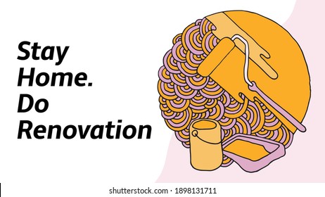 Stay home. Do renovation. Header for the site in the black and white Doodle style. Horizontal banner. Wall painting, paint roller. A tin of paint. What to do in quarantine. Vector EPS 10