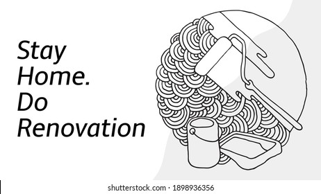 Stay home. Do renovation. Header for the site in the black and white Doodle style. Horizontal banner. Wall painting, paint roller. A tin of paint. What to do in quarantine. Vector EPS 10