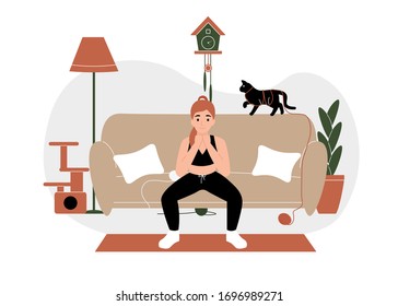 Stay home and do workout concept. Young girl squats on a sports mat. Ncov, covid. Prevention Novel Coronavirus pandemic. Flat vector cartoon modern illustration.