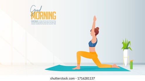 Stay at home and do yoga at home concept banner. Woman sitting at home, room and practicing yoga.
Working from home with self quarantine. Minimal living room interior with sun light on wall. Vector.