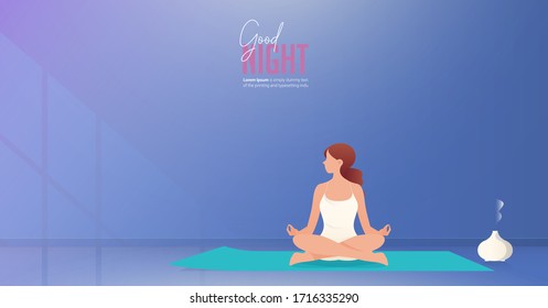 Stay at home and do yoga at home concept banner. Woman sitting at home, room and practicing yoga.
Working from home with self quarantine. Minimal living room interior with sun light on wall. Vector.