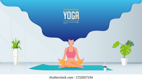 Stay at home and do yoga at home concept banner. Woman sitting at home or room and practicing yoga.
Working from home with self quarantine. Living room with sun light from window on wall. Vector