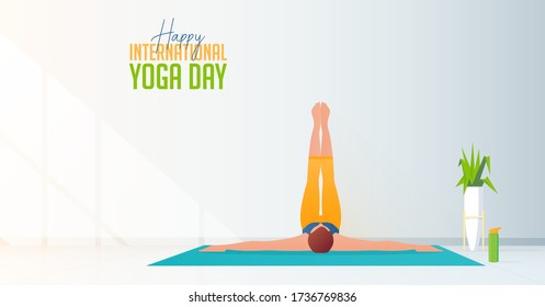 Hospédese en casa y haga yoga en el banner de concepto del hogar para el Día Internacional del Yoga. Mujer haciendo ejercicio en sala y practicando yoga. Interior de salón con luz solar desde la ventana en la pared. Vector de banner.