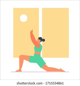 Stay home and do yoga. Healthy exercise and morning meditation. Big window in room. Sunny morning. Cartoon vector illustration on isolated background