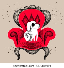 Stay at home. dog is sitting in red armchair. white color dog on red chair. pet took the master's place, while the owner is not at home. Handmade flat vector illustration.