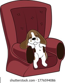 Stay at home. dog is sitting in red armchair. white color dog on red chair. pet took the master's place, while the owner is not at home. Handmade flat vector illustration.