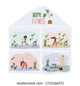 Stay at home, doing fitness at home. Girls do home fitness, and work on a laptop. The man is training. Gym, sports, fitness training at home. Stay positive and healthy. Isolation, quarantine of